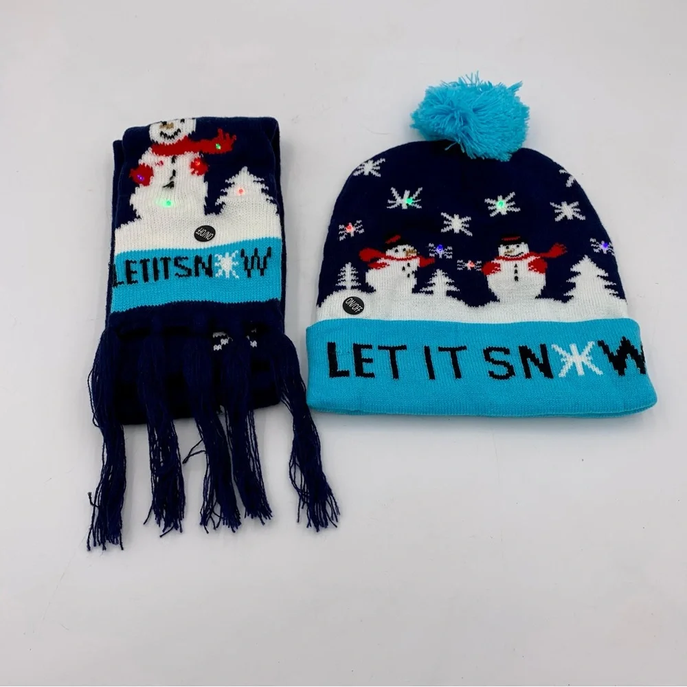 NWOT Christmas Gift Winter Hat Beanie Scarf LED Lights Let It‎ Snow Snowman Kids